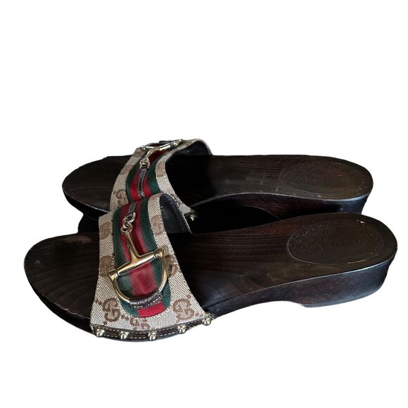 Monogram Natural Pigskin Web Horsebit Clog Slide Sandals 10 Beige Ebony Cocoa - Picture 2 of 12